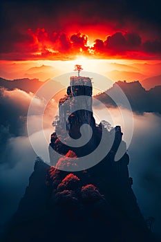 a tree on top of a cliff at sunset