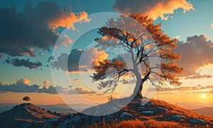 A tree is on top of a hill with a beautiful sunset in the background.