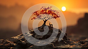 a tree on top of a rock with the sun setting in the background