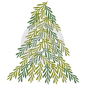 Tree tree made of fir branches. Christmas tree, pine, winter. Evergreen botany vector illustration isolated on white. Seasonal pla