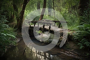 tree trunk bridge over tranquil forest stream