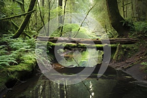 tree trunk bridge over tranquil forest stream