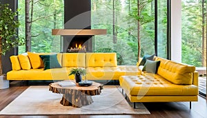 Tree trunk coffee table near yellow leather tufted sofa by fireplace. Minimalist home interior design of modern living room in