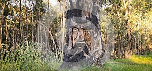 A tree trunk cut and burned by fire transformed into a totem art photo