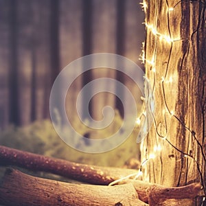 Tree trunk, evening blur bokeh with fairy string lights