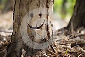 a tree trunk with a smiley face carved into it