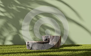 Tree trunk stump stands or podiums on the green grass of a garden for natural product display