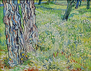 Tree trunks in the grass by famous Dutch painter Vincent Van Gogh