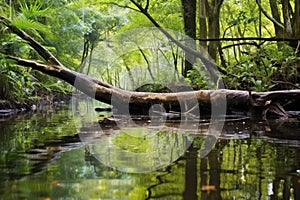 tree trunks half submerged in the marshy area of a jungle river