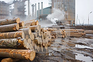 Tree trunks wood logs piled outside paper mill, logs waiting for processing in lumber yard