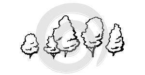 Tree vector hand drawn sketch. Simple cartoon style trees set. Black ink line Illustration isolated on white background