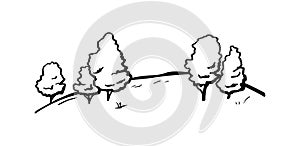 Tree vector hand drawn sketch. Simple landscape cartoon style trees set. Black ink line Illustration isolated on white