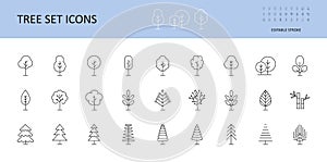 Tree vector set icons. Trees with crown, leaves, spruce, coniferous pine. Bushes linear icon editable stroke