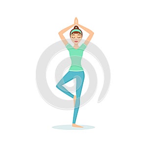 Tree Vriksasana Yoga Pose Demonstrated By The Girl Cartoon Yogi With Ponytail In Blue Sportive Clothing Vector