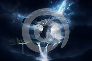 A tree with a waterfall and a light shining through it generated using AI photo