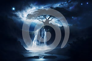 A tree with a waterfall and a light shining through it generated using AI photo