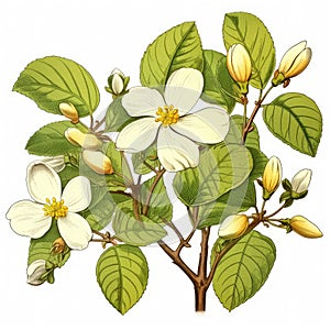 Tree with white blossoms and green leaves. It is located in foreground, with its branches reaching out towards sky