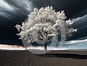 Tree with white leaves under a dark sky
