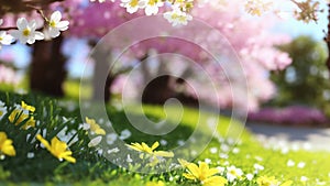 Tree with white petal flowers and yellow petal flowers among grass with sky and pink flower trees in background