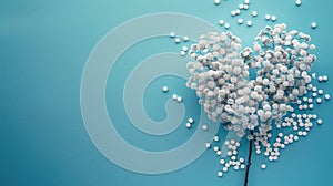 A tree of white pills in the shape of a heart on a light blue background