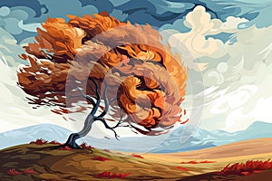 tree in windy weather in autumn AI generated