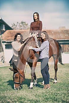 Tree woman enjoy with tame a beautiful horse