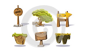 Tree, wooden signs, stones, elements of natural landscape, user interface assets for mobile apps or video games vector