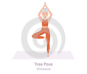 Tree Yoga pose. Vrksasana. Elderly woman practicing yoga asana. Healthy lifestyle. Flat cartoon character. Vector