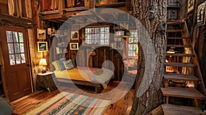The treehouse is decked out with all the cozy comforts of home from plush pillows and blankets to a bookshelf filled