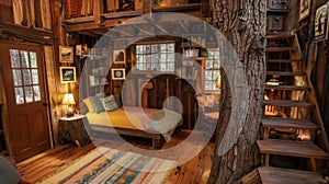 The treehouse is decked out with all the cozy comforts of home from plush pillows and blankets to a bookshelf filled photo