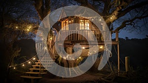 Treehouse in evening with fairylights