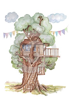 Treehouse forest nature watercolor illustration hand drawn patern seamless