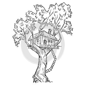 Treehouse. Hand drawn, vector illustration