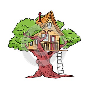 Treehouse, hut on tree with ladder for kids