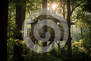 Treehouse nestled among tall trees in wooded area. Generative AI