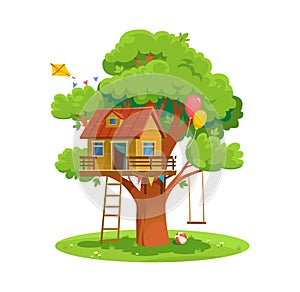 Treehouse vector illustration on white background. Logo or icon design