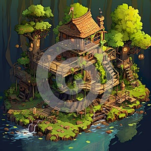 Treehouses elevated houses nestled in lush trees offering harmonious blend of nature AI ISOMETRIC