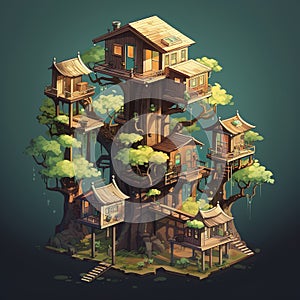 Treehouses elevated houses nestled in lush trees offering harmonious blend of nature AI ISOMETRIC