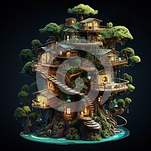 Treehouses elevated houses nestled in lush trees offering harmonious blend of nature AI ISOMETRIC