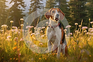 Treeing walker coonhound dog sitting in meadow field surrounded by vibrant wildflowers and grass on sunny day ai generated