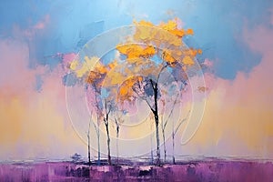 Trees in autumn at sunset time, oil painting style, Generative AI