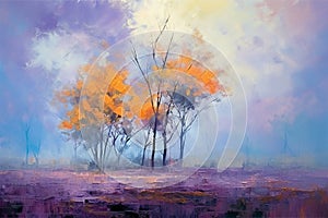 Trees in autumn at sunset time, oil painting style, Generative AI