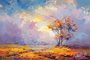 Trees in autumn at sunset time, oil painting style image with space for text, Generative AI