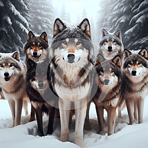 With trees in the background, wolves are standing in the snow.