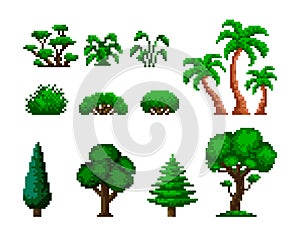 Trees and backyard bushes pixel art icon set. Forest elements logo collection. 8-bit sprite. Game development, mobile