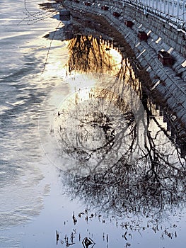 The trees on the bank and the yellow sunset are reflected in the frozen river