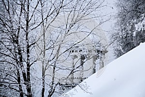 Trees with branches covered by frost and gazebo