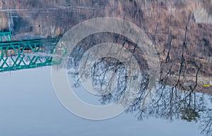 Trees and bridge reflecting in river