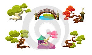 Trees and Bridge Set, Fantasy or Fairytale Nature Landscape Elements, Game User Interface Assets Vector Illustration