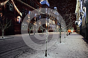 Trees and buildings are decorated with white garlands and glow at night